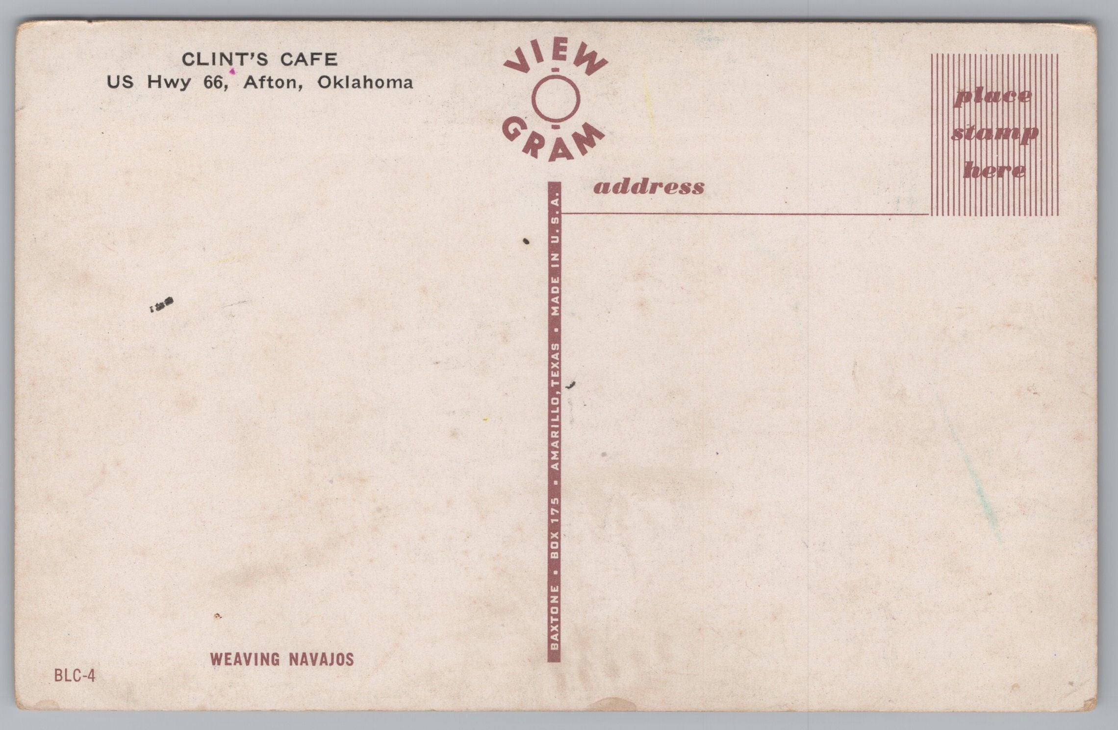Clint’s Cafe, US Highway 66, Afton, Oklahoma, USA, Vintage Post Card.