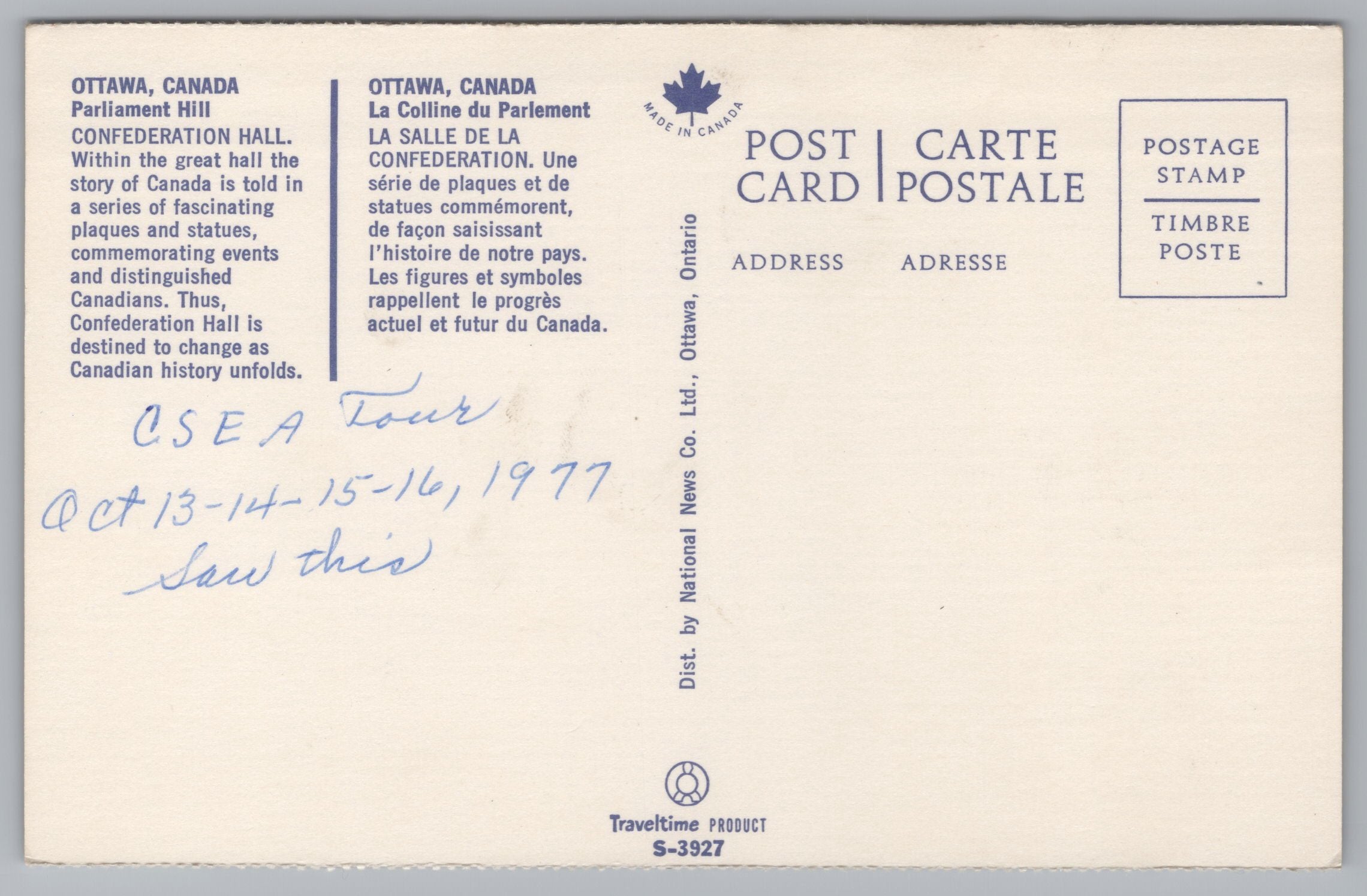 Confederation Hall, Parliament Hill, Ottawa, Canada, Vintage Post Card