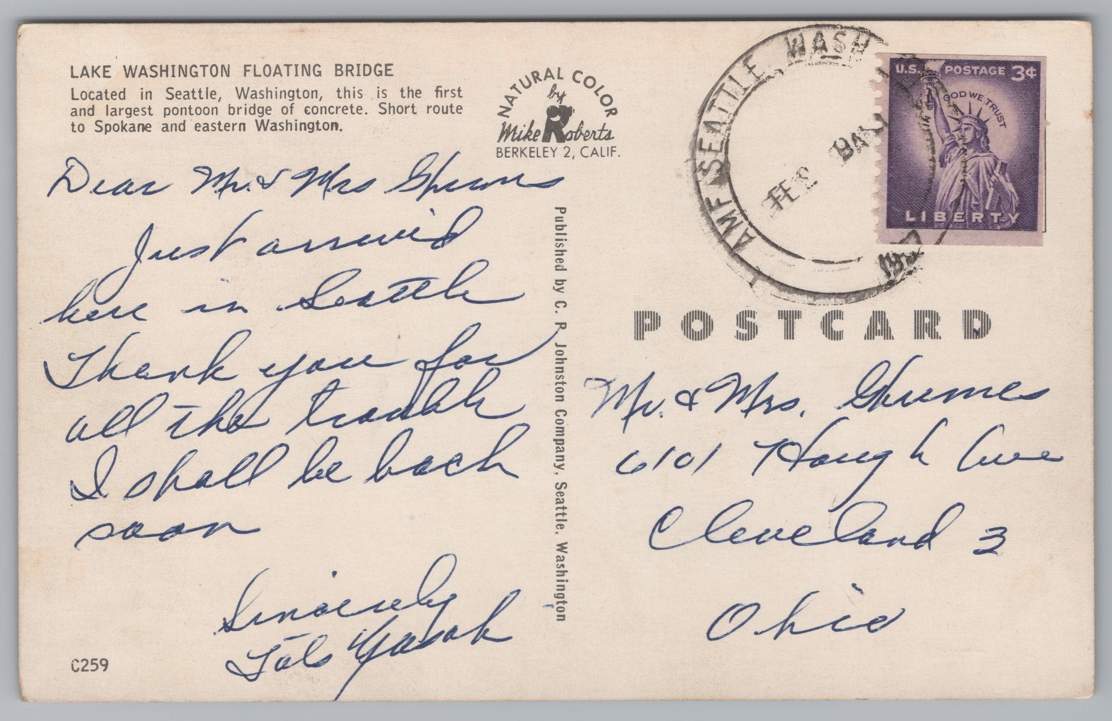 Lake Washington, Floating Bridge, Seattle Washington, Vintage Post Card.