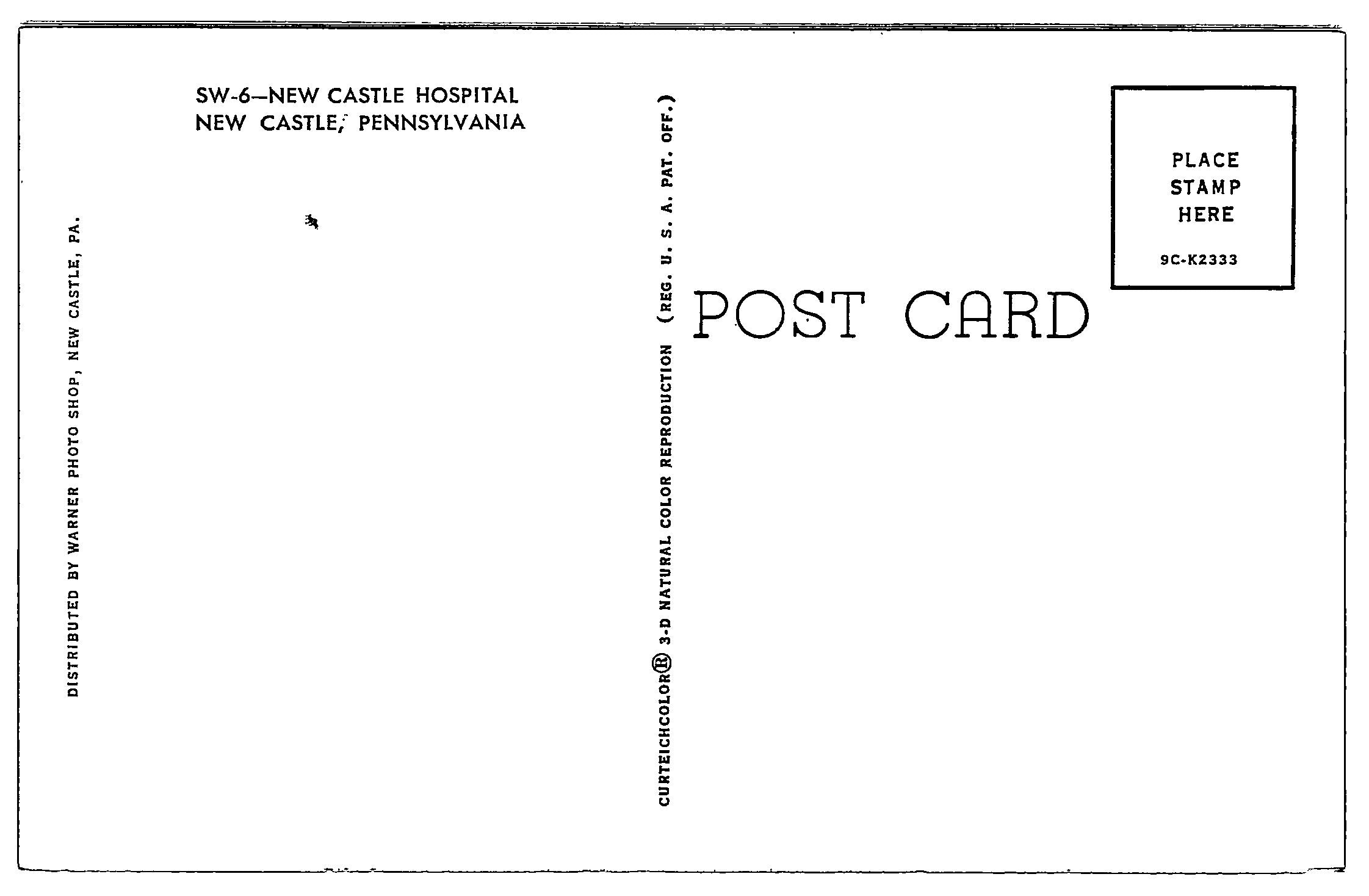 New Castle Hospital In New Castle, Pennsylvania, Vintage Post Card.