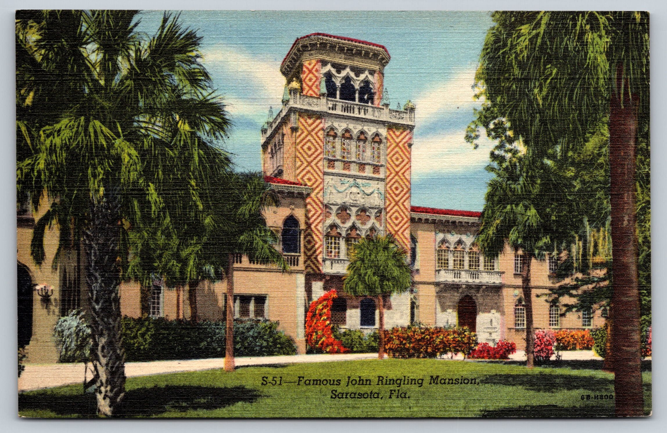 Famous John Ringling Mansion, Sarasota, Florida, USA, Vintage Post Card