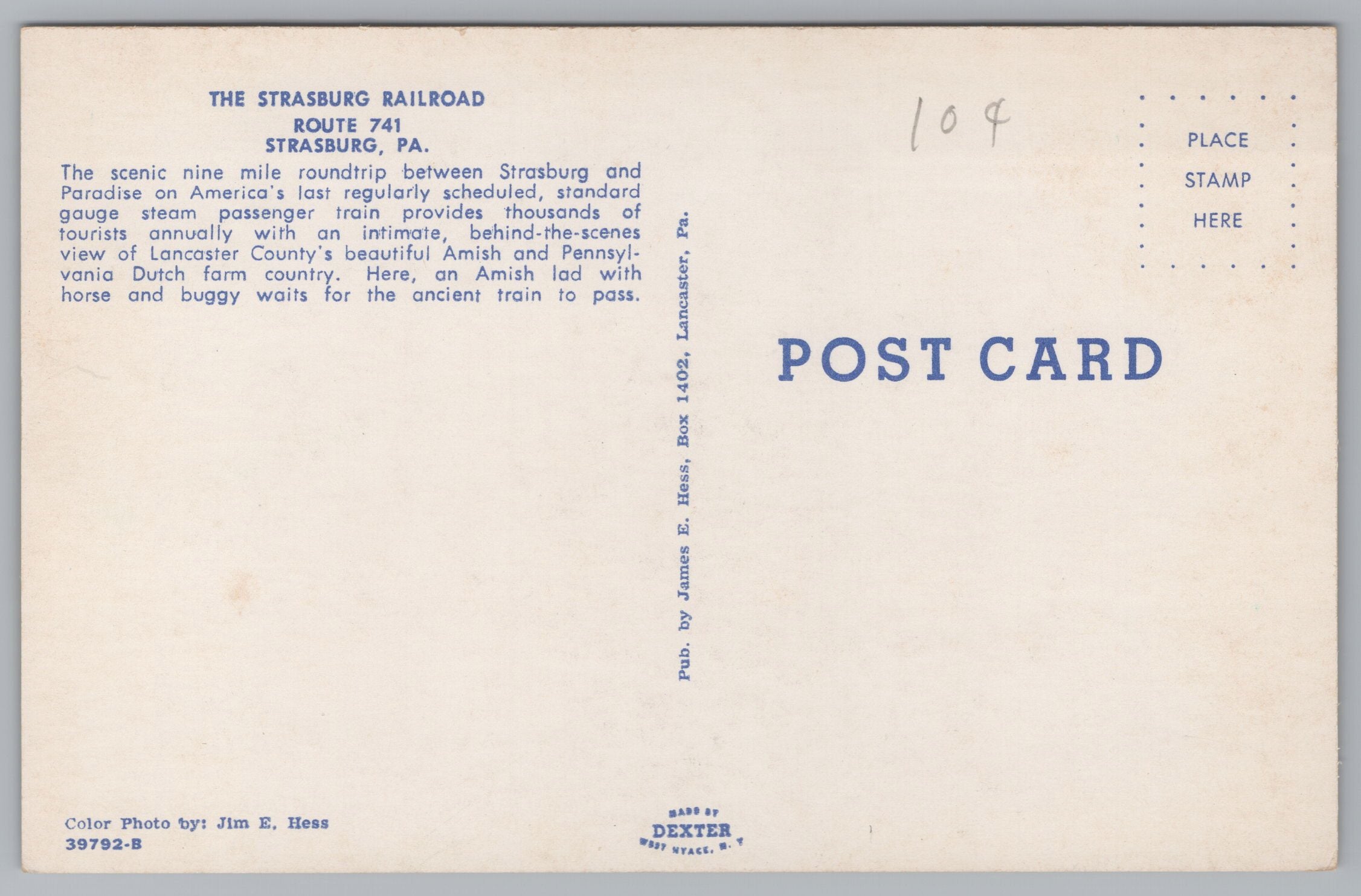 The Strasburg Railroad, Route 741, Strasburg, Pennsylvania, Vintage Post Card.
