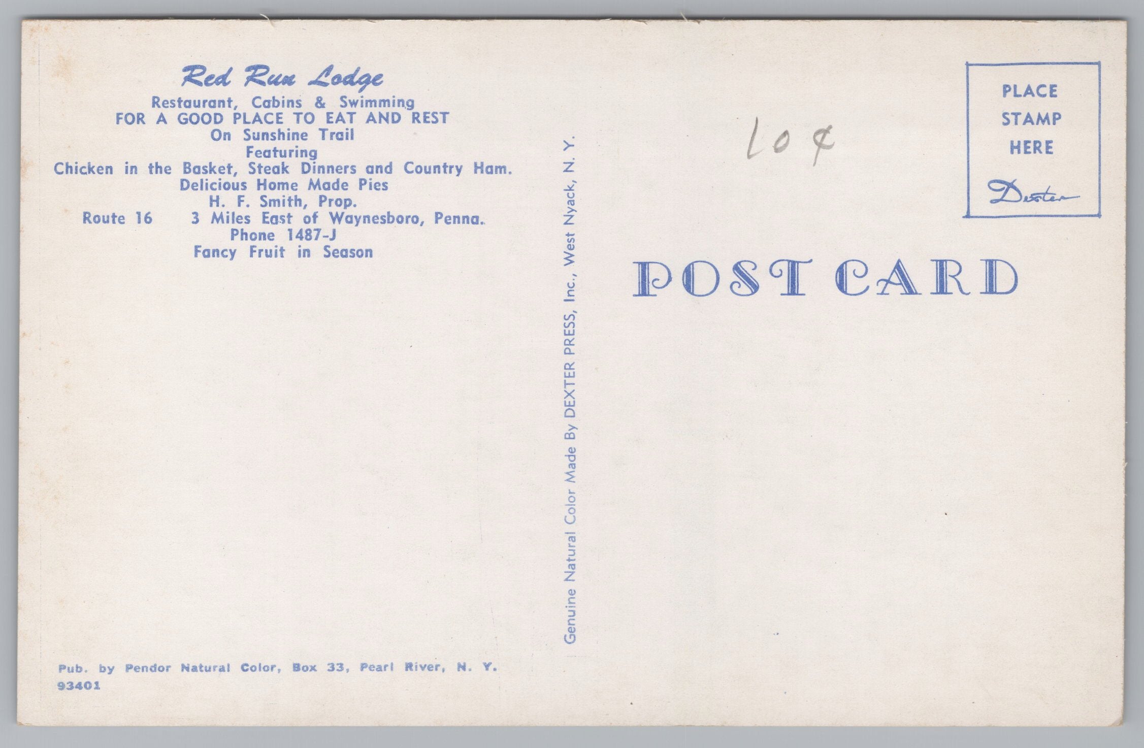 Red Run Lodge, Restaurant, Sunshine Trail, Vintage Post Card.