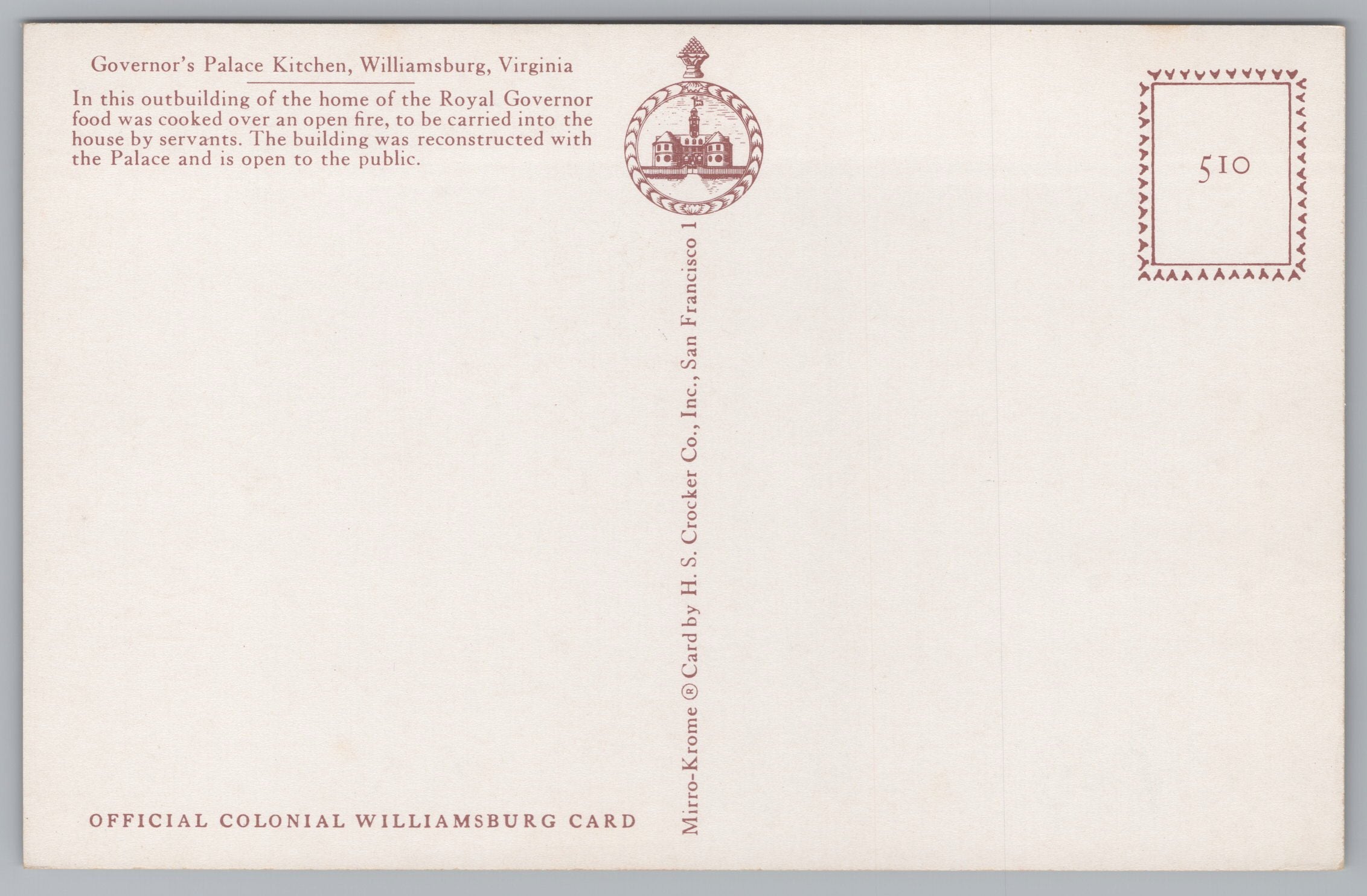 Governors Palace Kitchen, Williamsburg, Virginia, USA, Vintage Post Card.