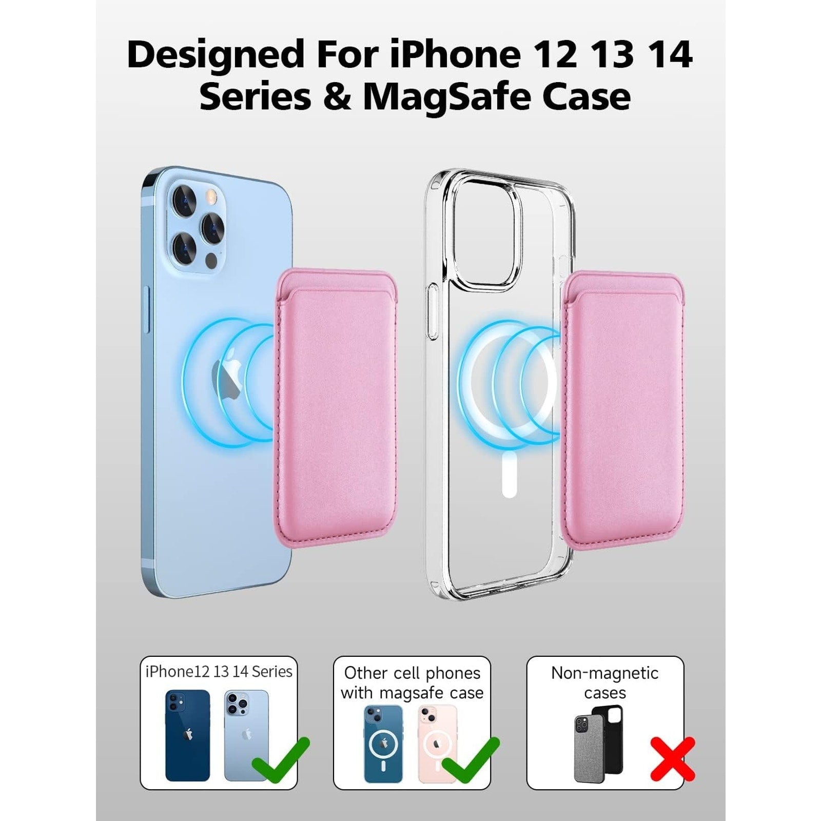 Magnetic Card Wallet Holder w/MagSafe for iPhone 15, 14, 13,Max/Plus/Pro-Pink