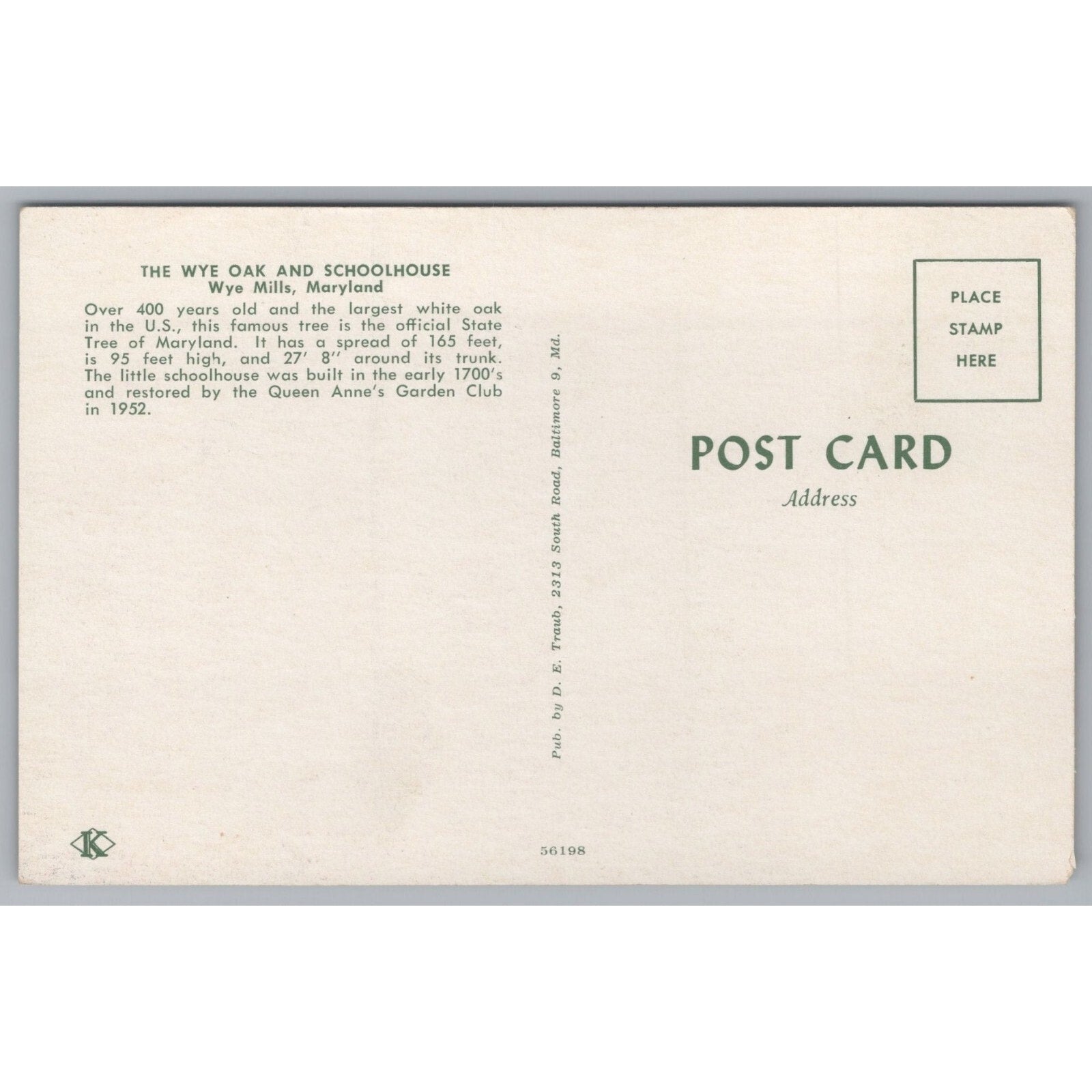 The Wye Oak Schoolhouse, Wye Mills, Maryland, USA, Vintage Post Card