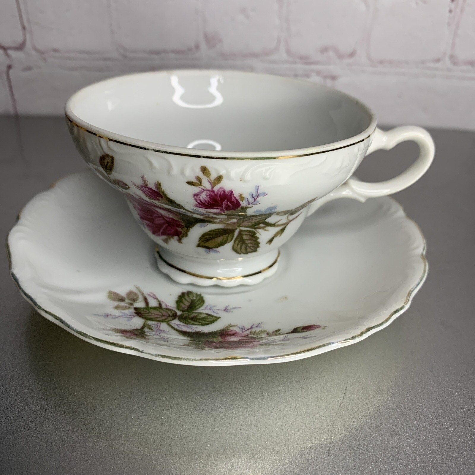 Vintage English rose teacup and saucer made in Japan, porcelain china with gold trim, floral pattern