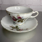 Vintage English rose teacup and saucer made in Japan, porcelain china with gold trim, floral pattern