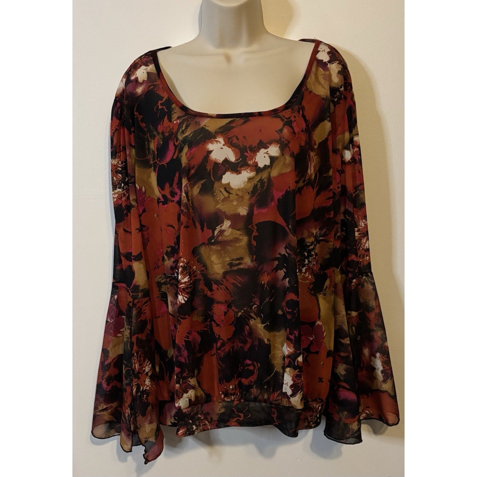 Ashley Stewart Size (22/24) Colorful Earth Tone Floral 3/4 Bell Sleeve Blouse
