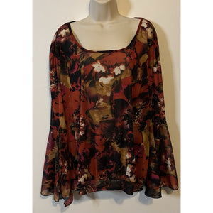 Ashley Stewart Size (22/24) Colorful Earth Tone Floral 3/4 Bell Sleeve Blouse