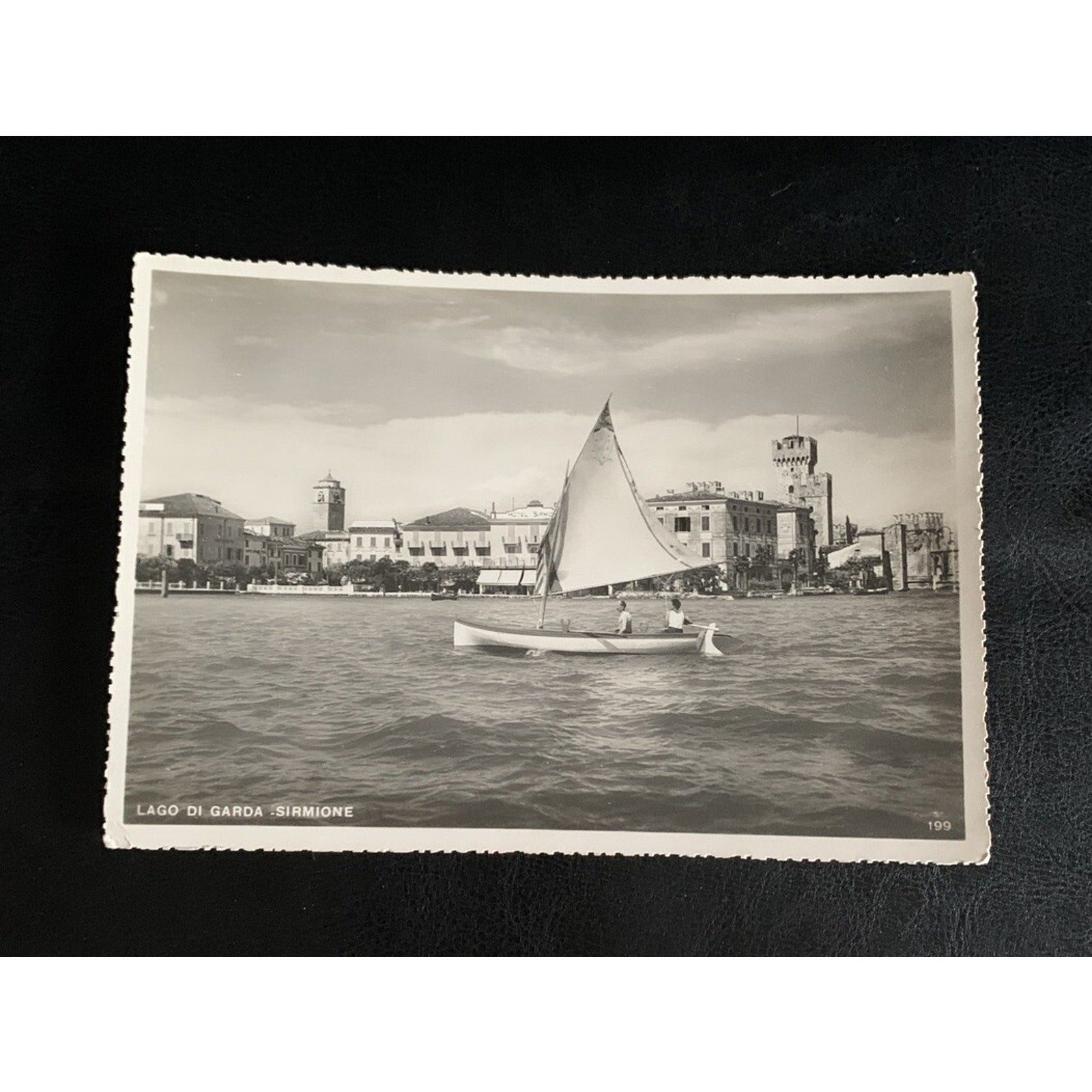 Lake Gardi Sirmione People in Sail Boat Italy RPPC Vintage Postcard