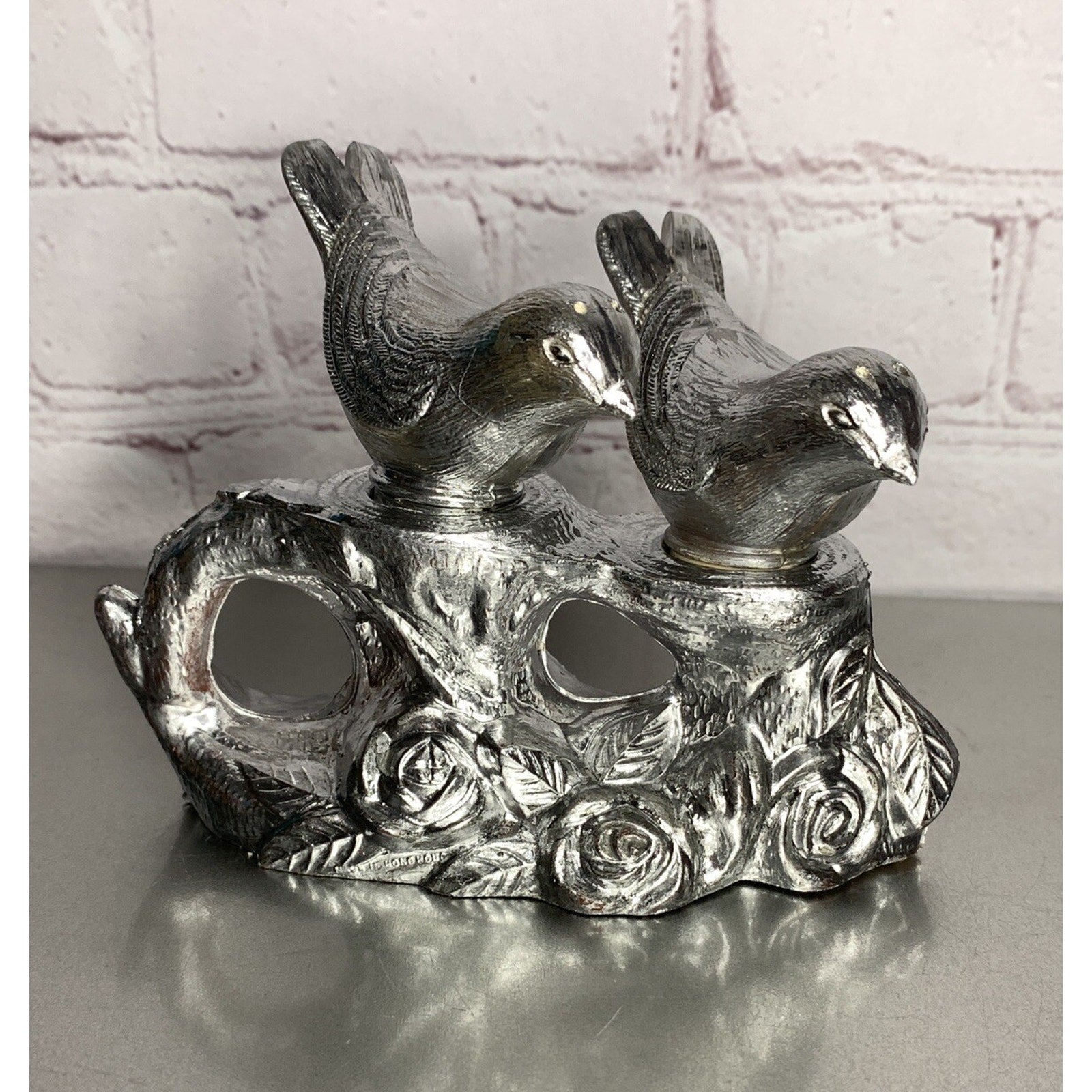 Vintage Silver Plastic Bird Salt & Pepper Shakers Tree Branch Caddy