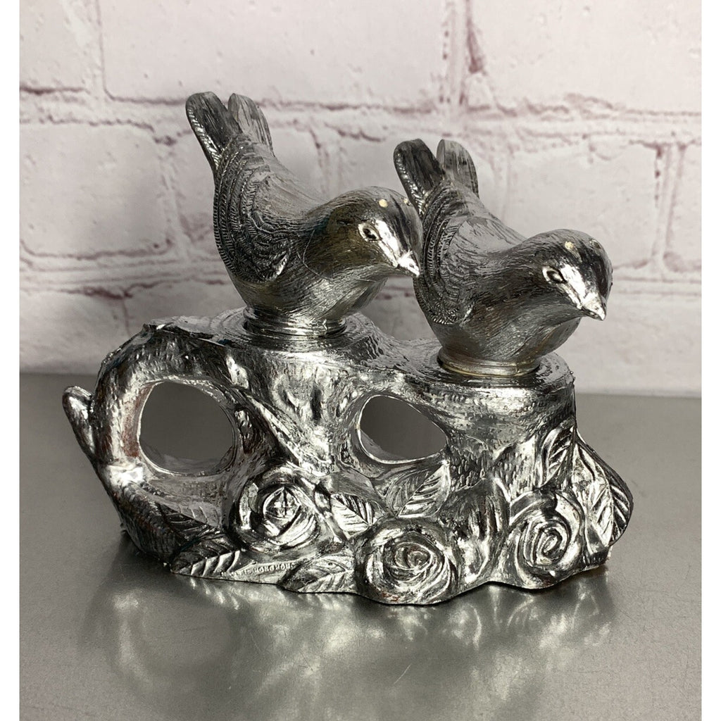 Vintage Silver Plastic Bird Salt & Pepper Shakers Tree Branch Caddy