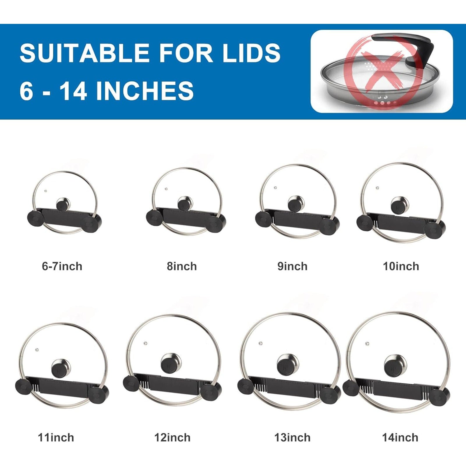 4 Pack Adjustable Pot Lid Holder, Lid Organizer Fits 6" to 14" Lids, with Screws