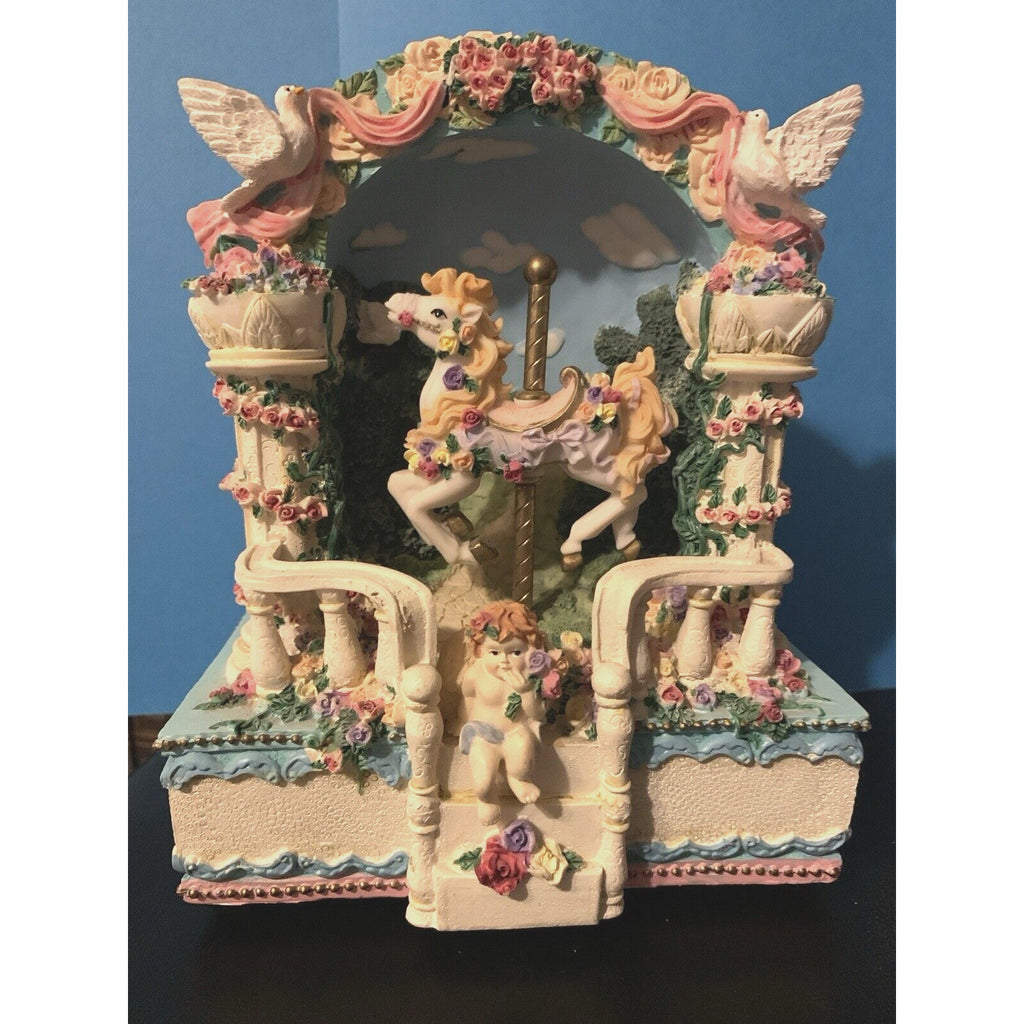 Vintage Horse Carousel w/Cherub Angel on Steps Music Box “Somewhere in Time”