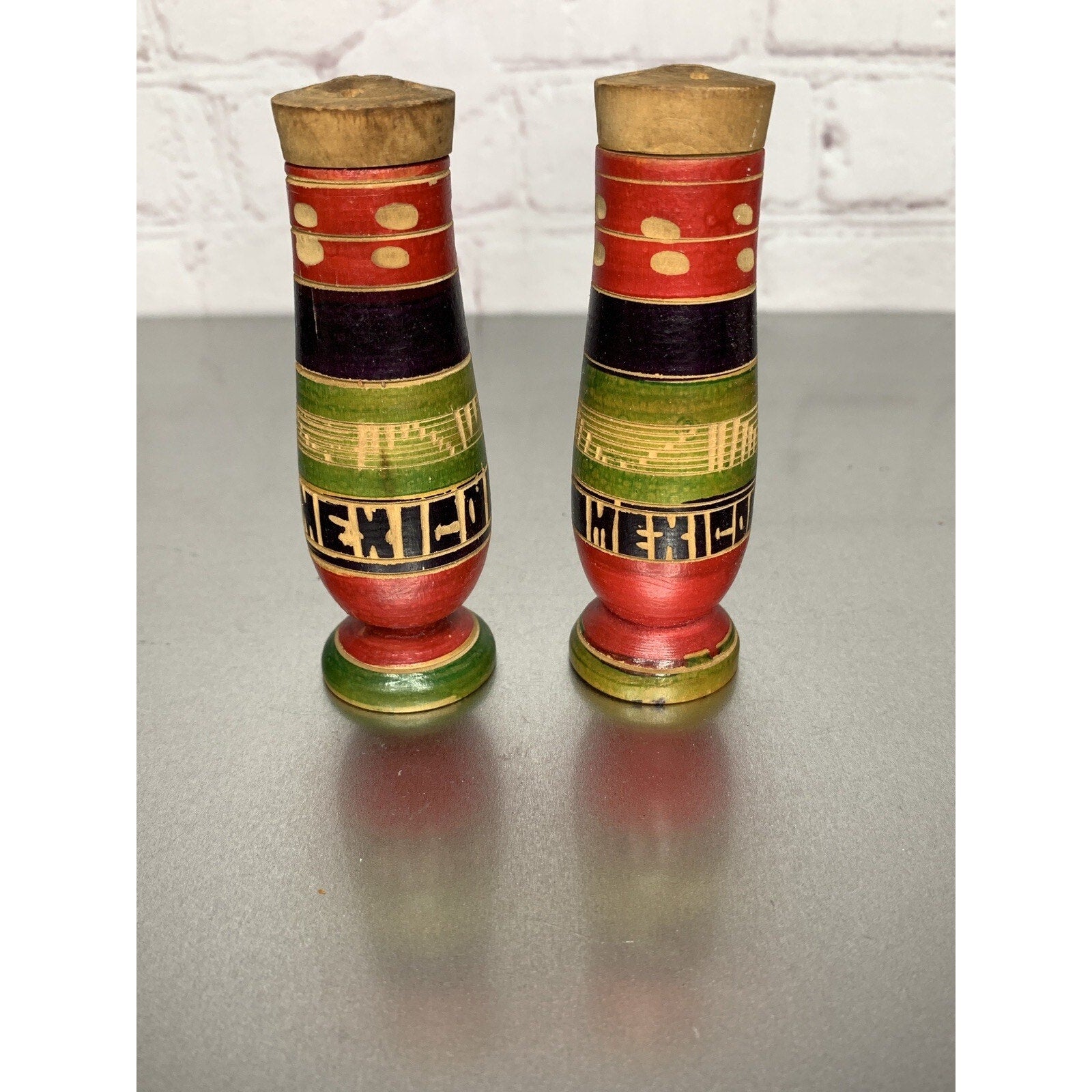 Vintage Wood Mexico Salt & Pepper Shakers Round Stripe Design
