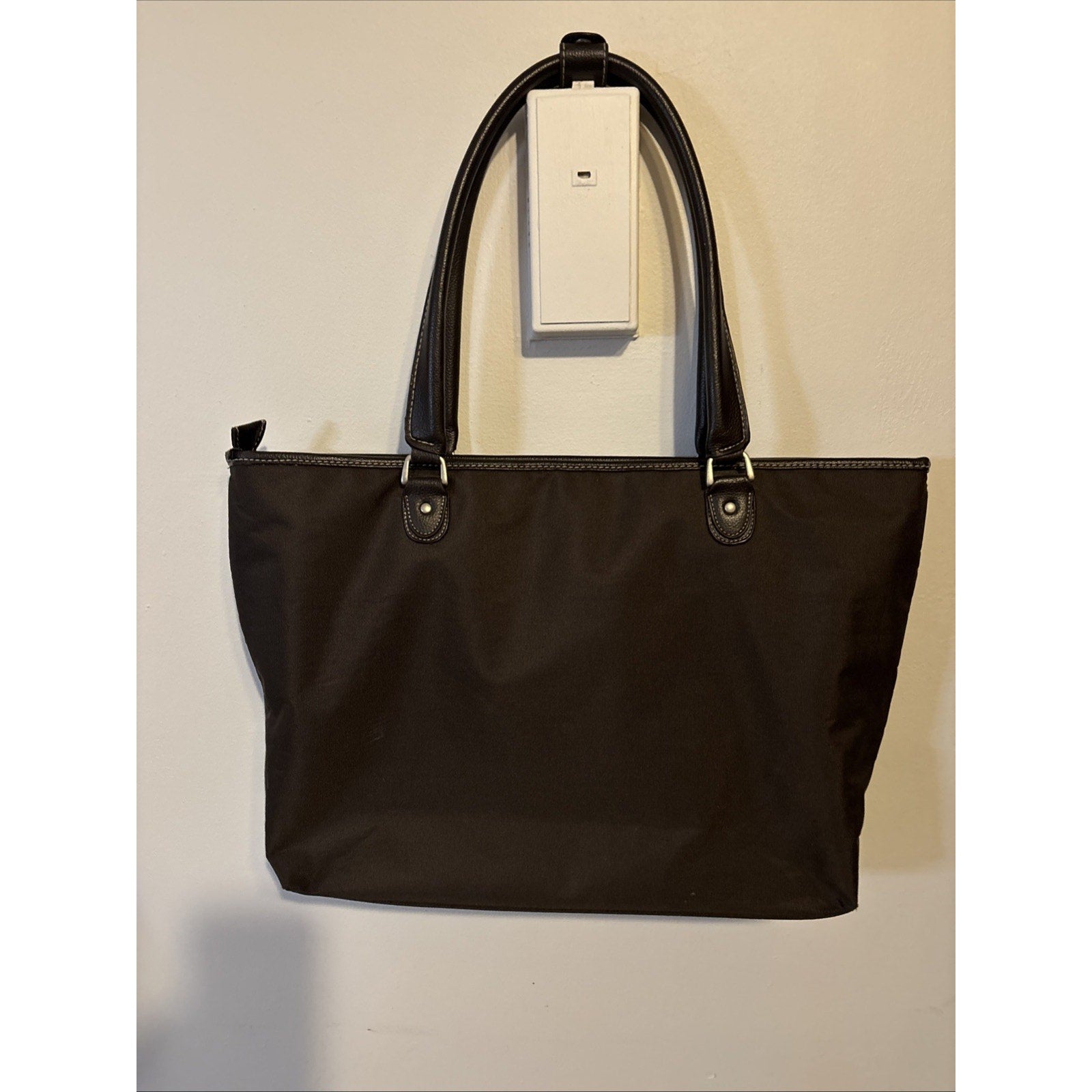 Vintage Nine West Canvas Brown/Beige Handbag Tote Bag Top Zipper
