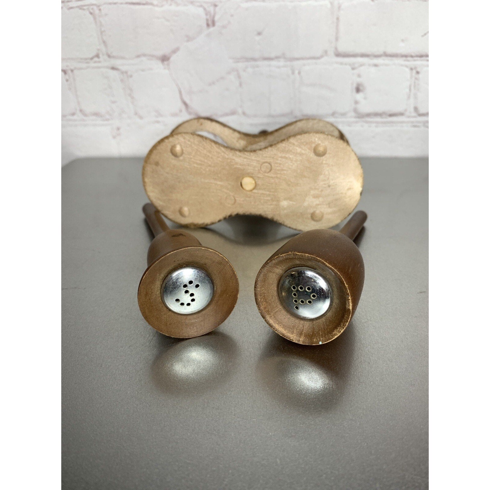 Vintage Wood Bells Salt & Pepper Shakers w/Stand