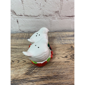 Vintage White Doves In Holly Berry Tray Salt & Pepper Shakers, Russ Berrie Co