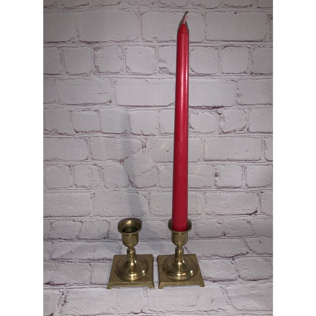 Vintage Brass Pair Candle Holders Japan Natural Patina Square Footed Base 3”h