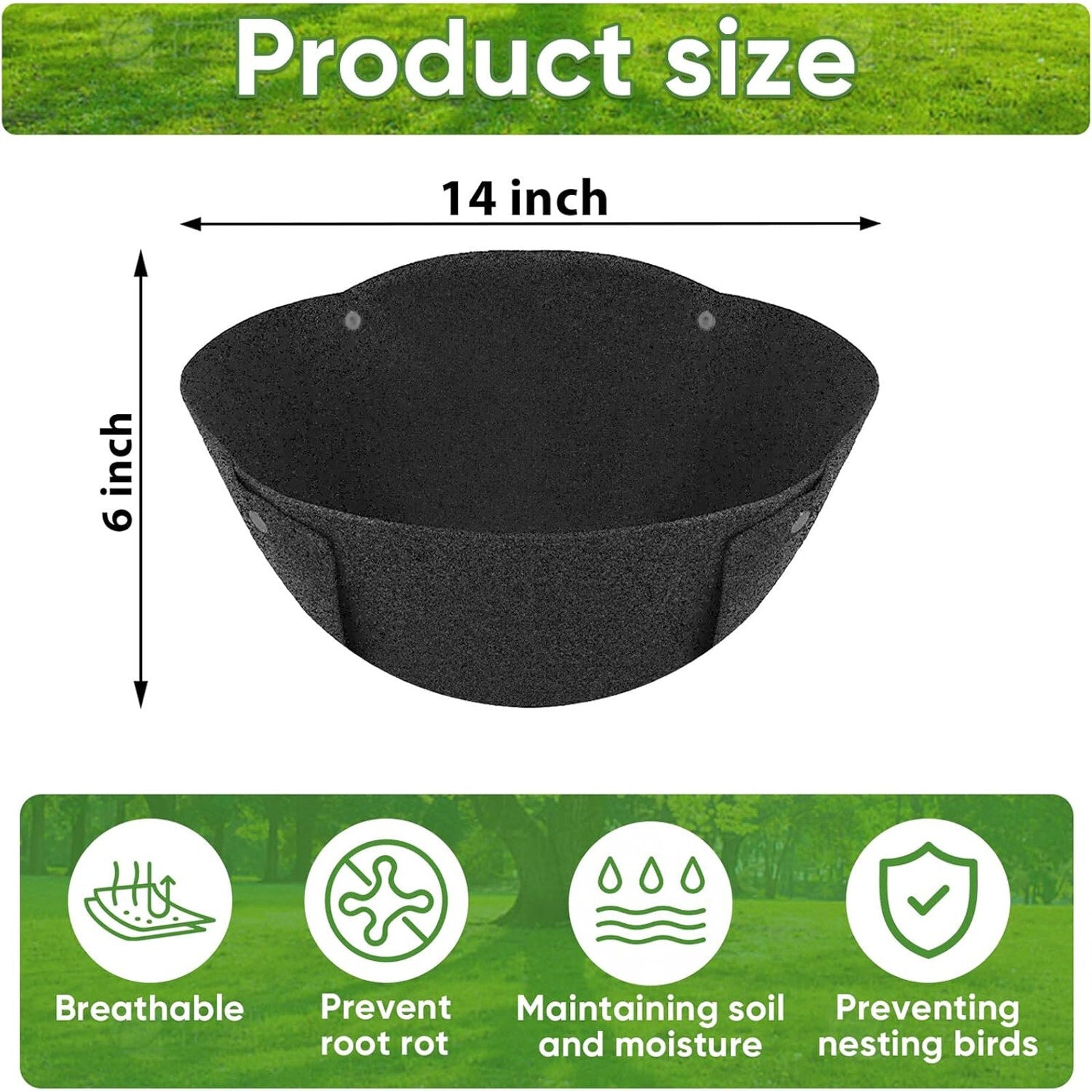 Hanging Planter Basket Liners 4 Pack 14" Round Fabric Liners w/Snaps Woven Black