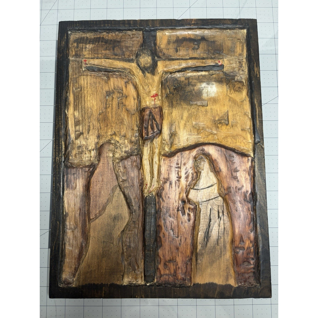 Rustic Carved Wood Art Decor Plaque Handmade Jesus Crucifixion Scene