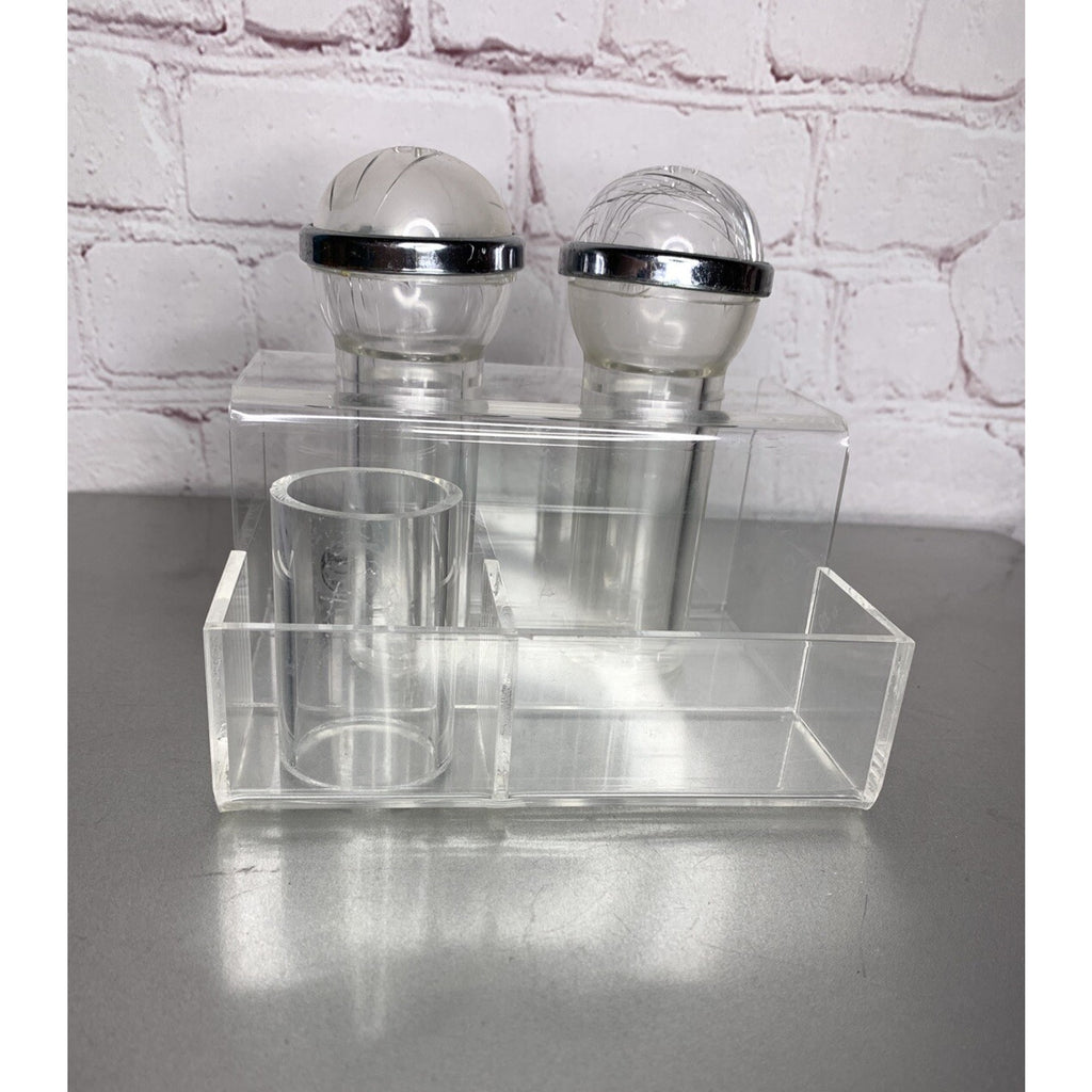 Vintage Retro Clear Lucite Acrylic Salt & Pepper w/Caddy MCM Deco