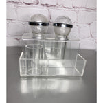 Vintage Retro Clear Lucite Acrylic Salt & Pepper w/Caddy MCM Deco