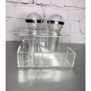 Vintage Retro Clear Lucite Acrylic Salt & Pepper w/Caddy MCM Deco