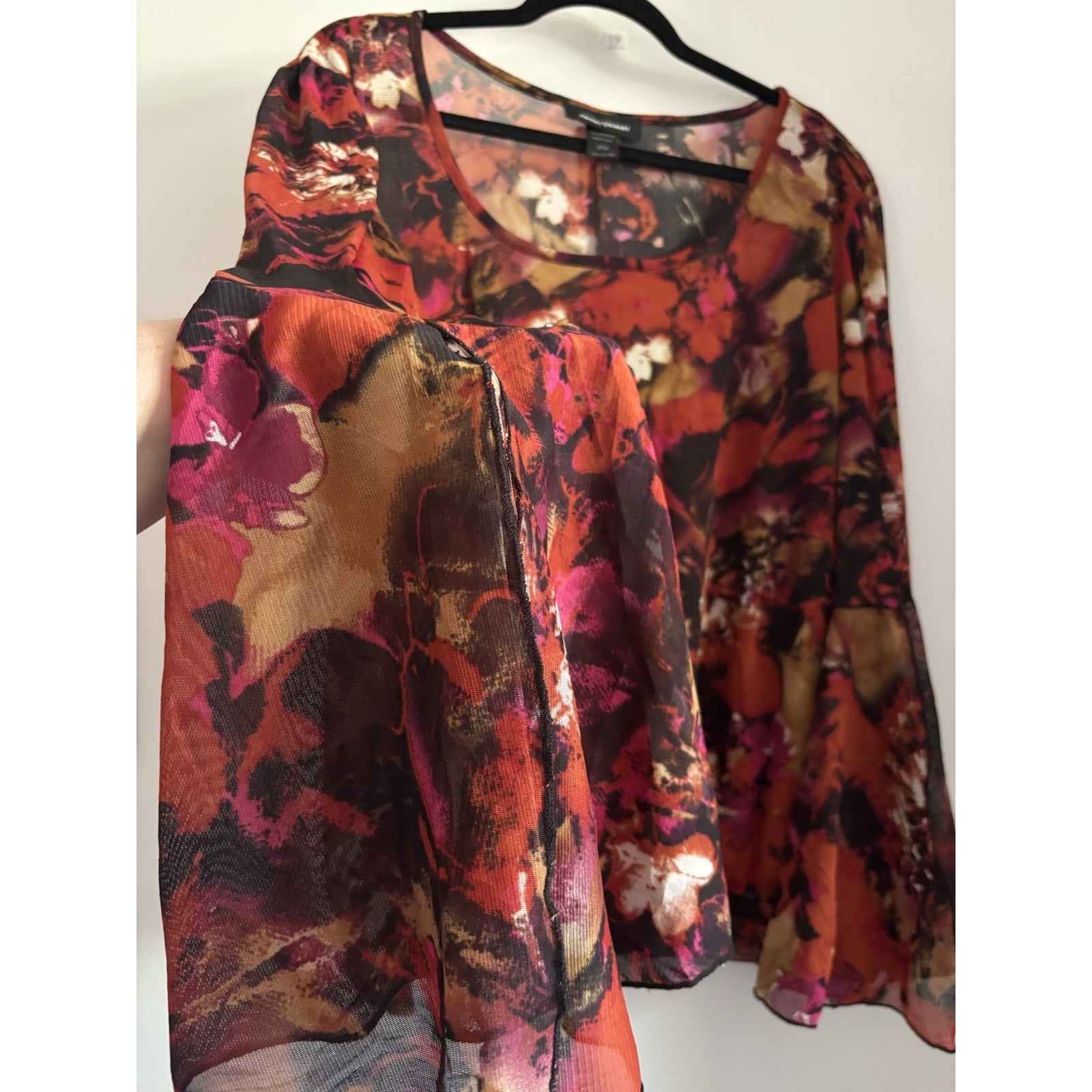 Ashley Stewart Size (22/24) Colorful Earth Tone Floral 3/4 Bell Sleeve Blouse