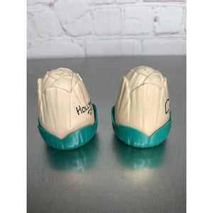 Vintage Tulip MCM Salt Pepper Shakers Green Light CreamPink Plastic Hollywood CA