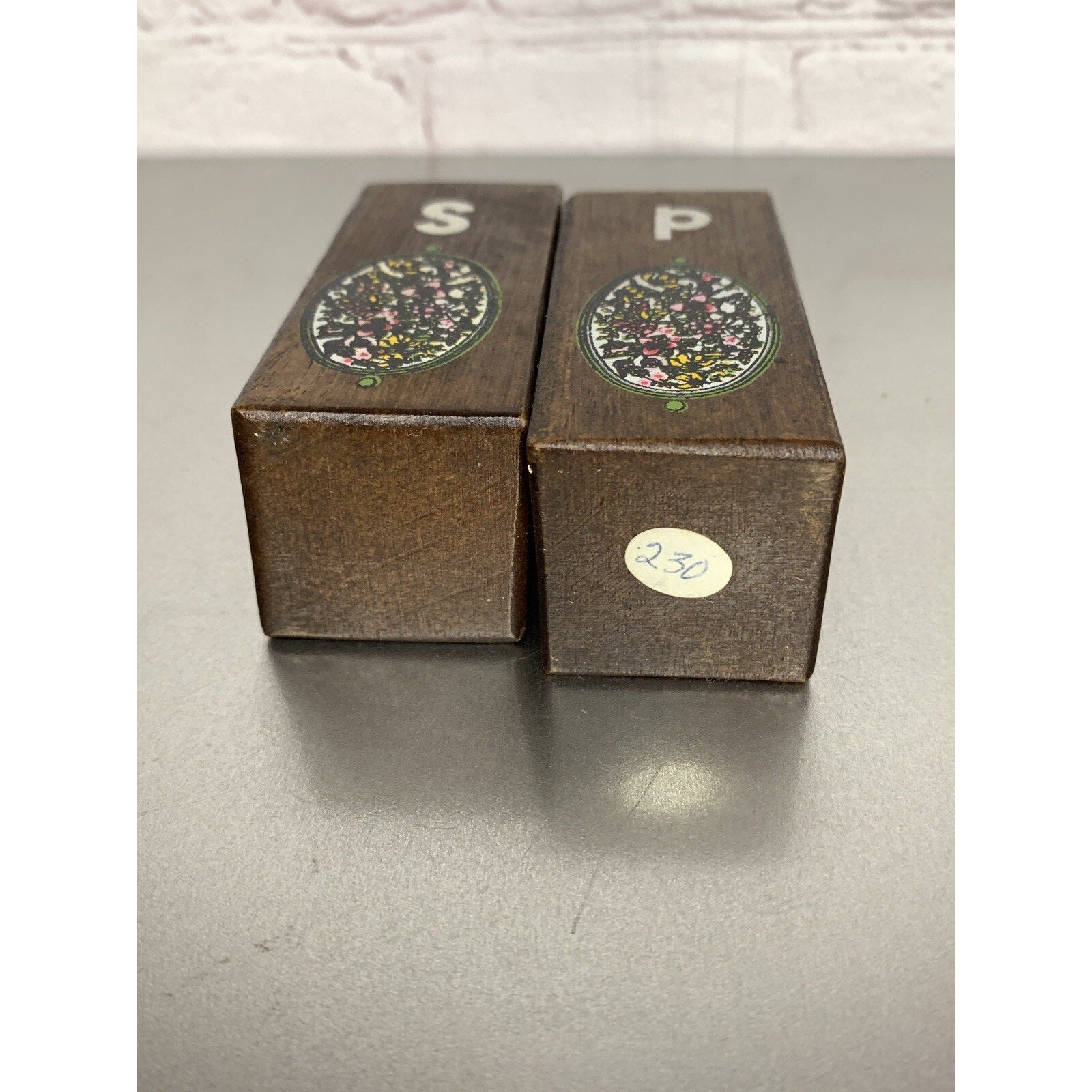 Vintage MCM Wood Salt & Pepper Shakers w/Stained Glass Style Emblem