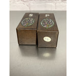 Vintage MCM Wood Salt & Pepper Shakers w/Stained Glass Style Emblem