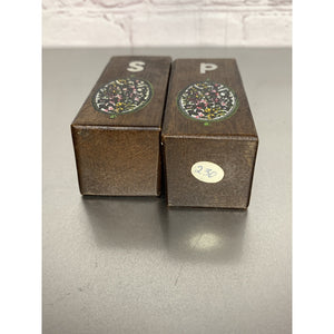 Vintage MCM Wood Salt & Pepper Shakers w/Stained Glass Style Emblem