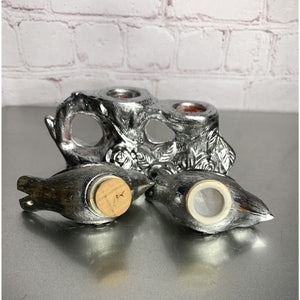 Vintage Silver Plastic Bird Salt & Pepper Shakers Tree Branch Caddy