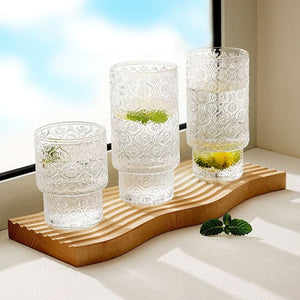 Retro Embossed Glass, Highball, Rock Glasses, Cold Beverages 8 Pack - 2 Sizes