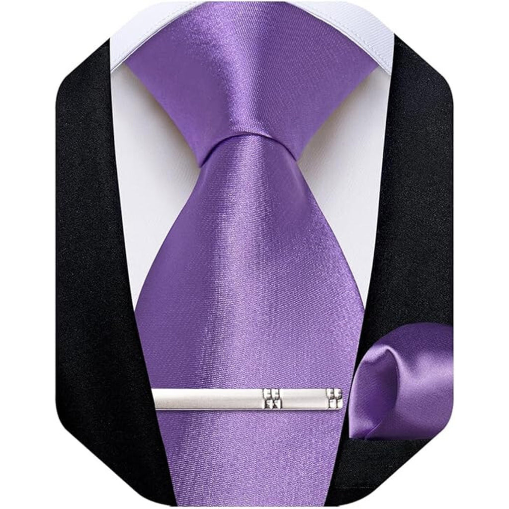 DiBanGu Satin Ties Solid Color Necktie and Pocket Square Tie Clip Formal