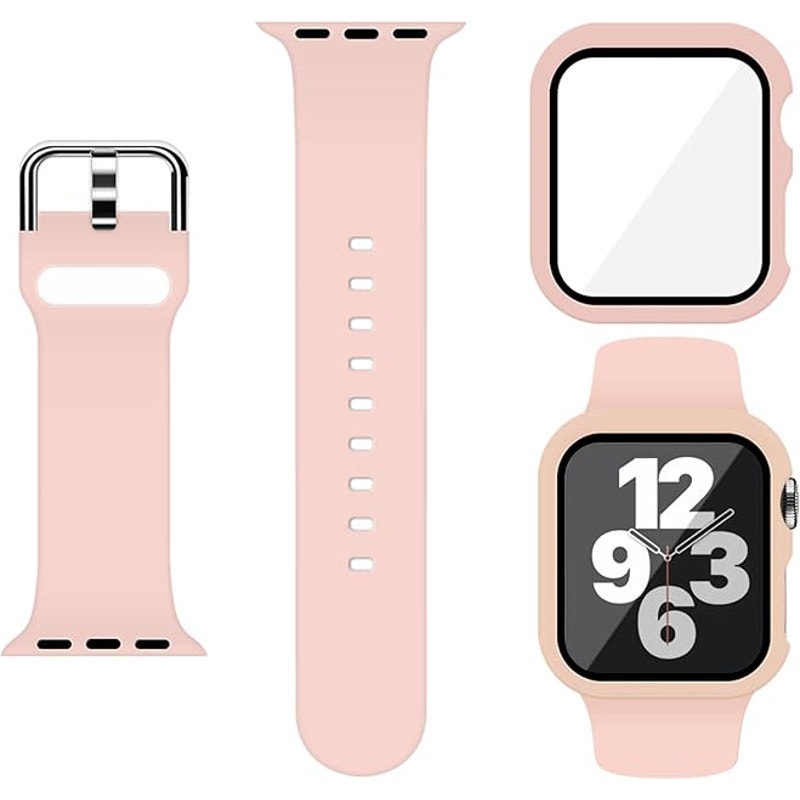 Sport Silicone Band and Case with Screen Protector for Apple Watch Series 9, 8, 7, 6, SE, 5, 4
