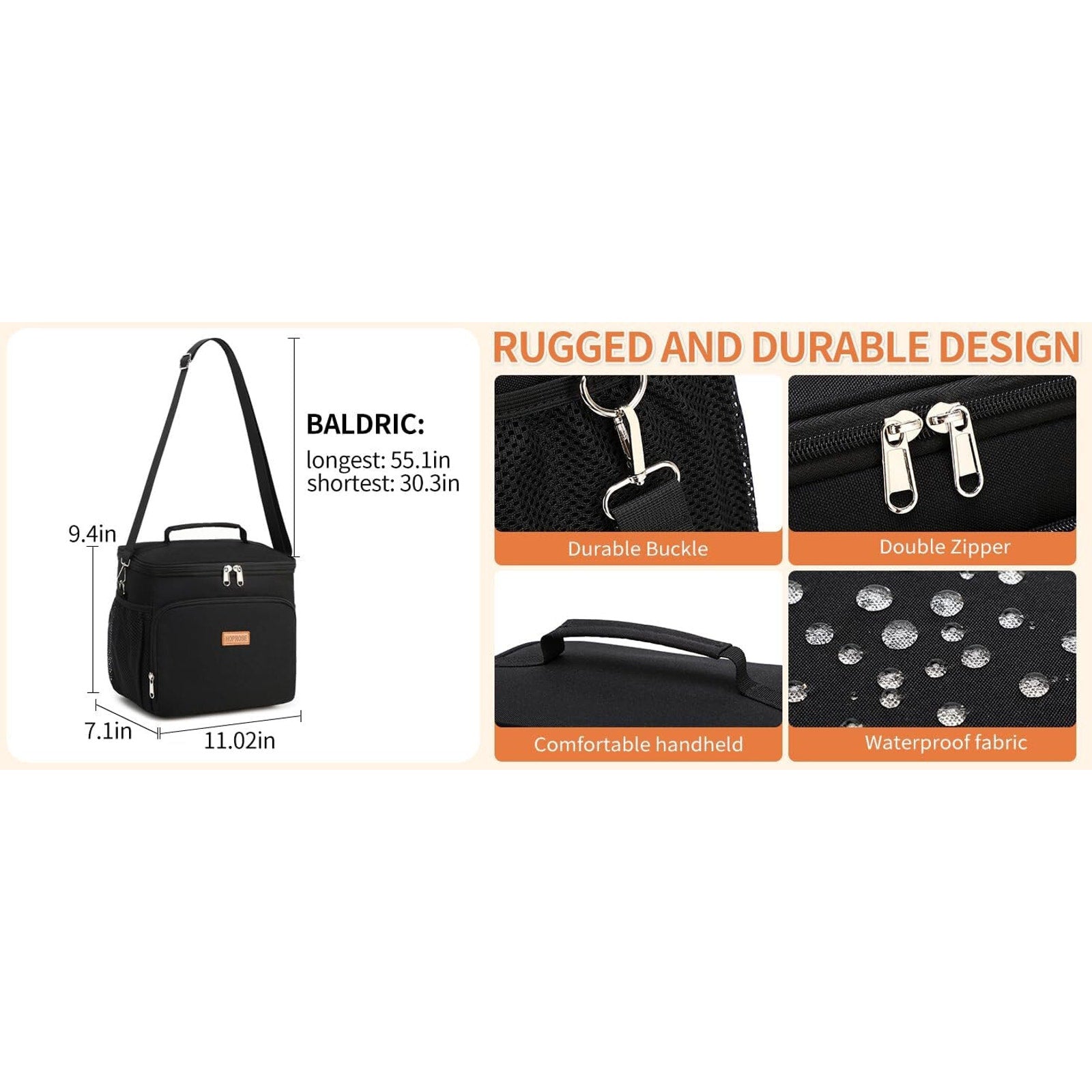 Lunch Bag Cooler Tote Reusable Insulated Leak-Proof, Thermal, Large Size, Black