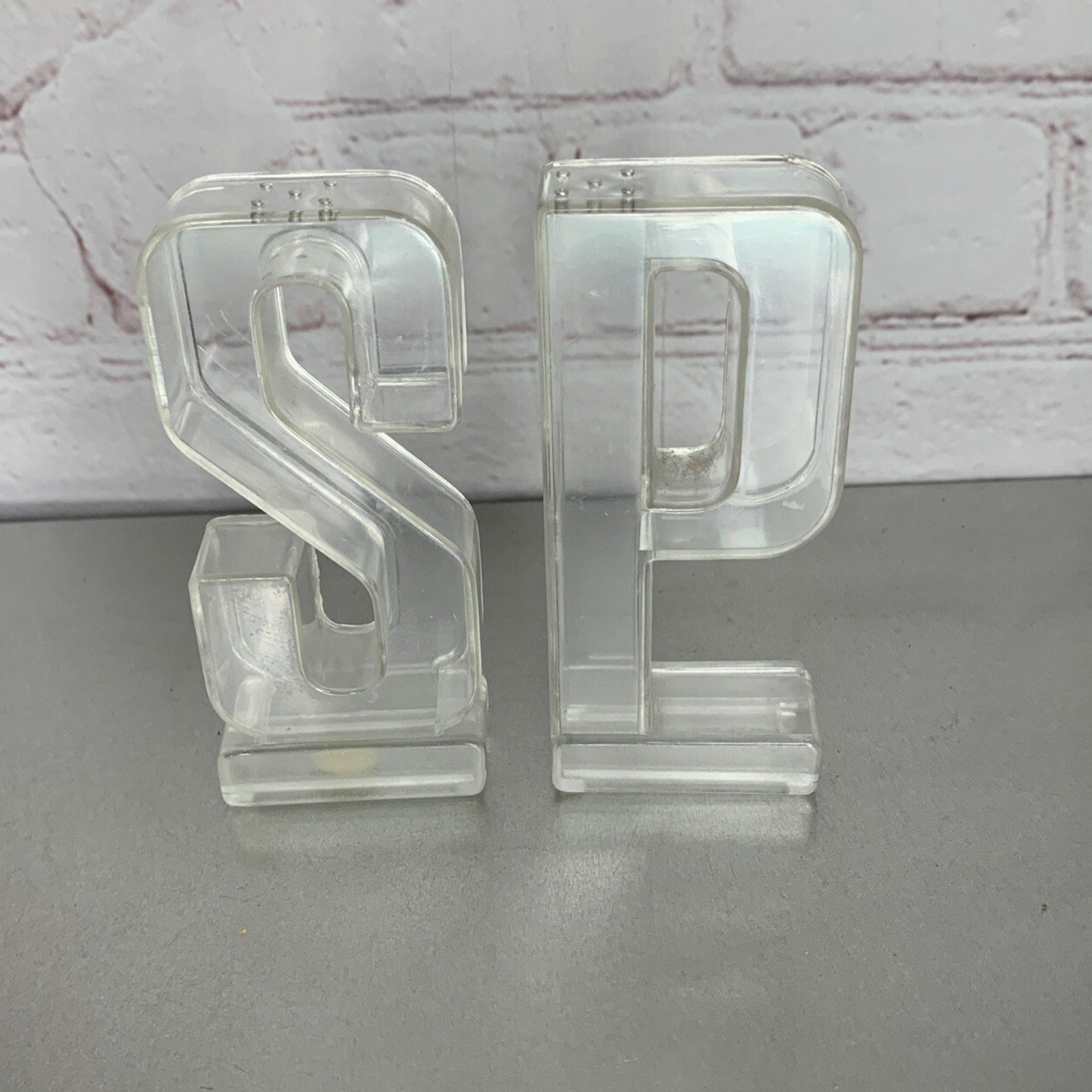 Vintage Letters S and P Clear Plastic Salt & Pepper Shakers Retro Hong Kong