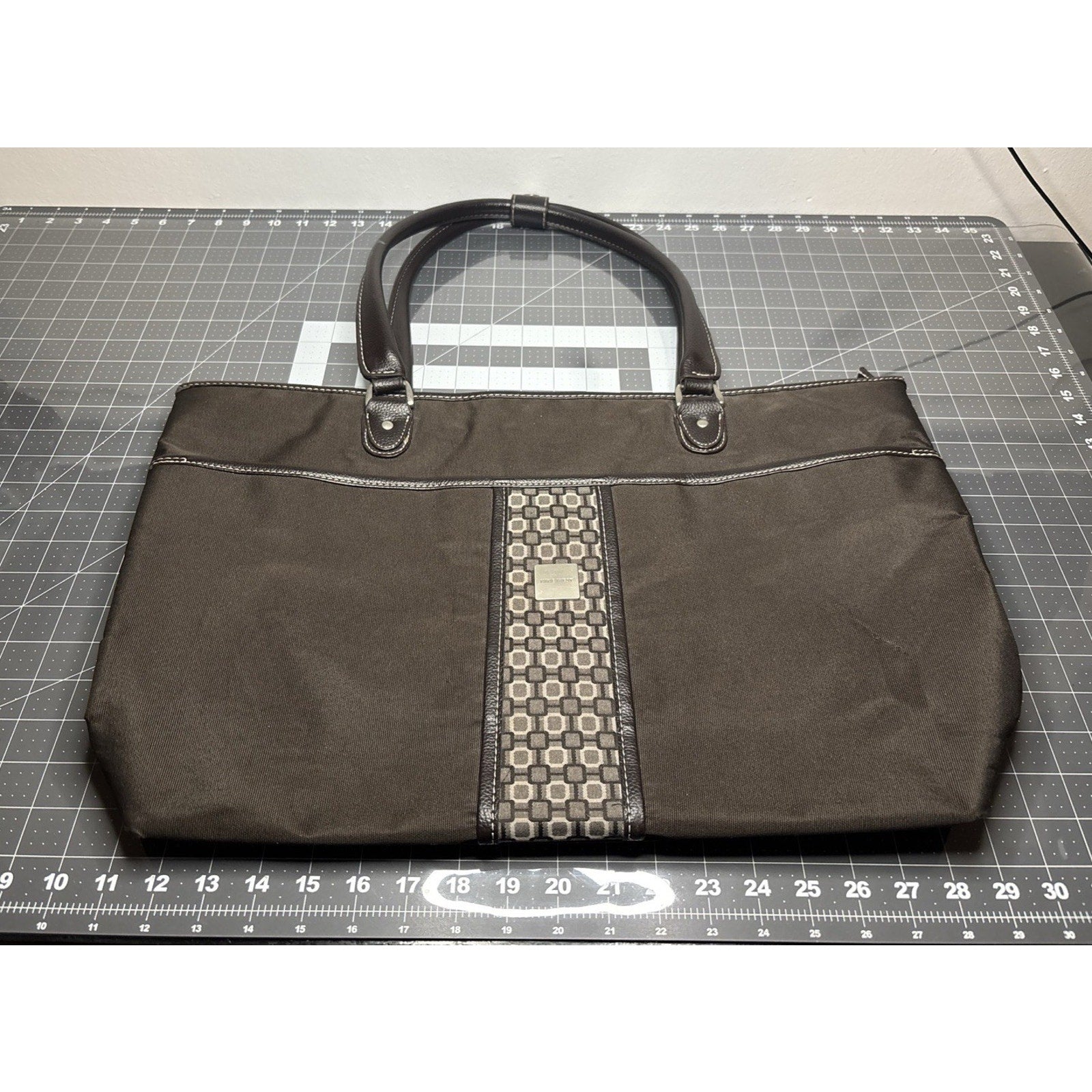 Vintage Nine West Canvas Brown/Beige Handbag Tote Bag Top Zipper