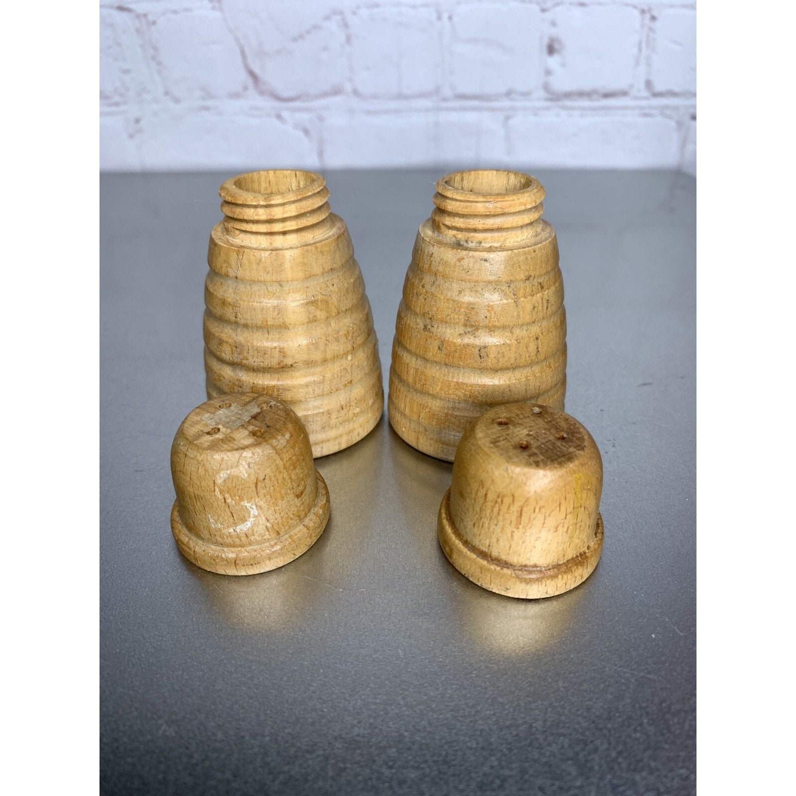Vintage Beehive Wood Salt & Pepper Shakers Blonde Japan