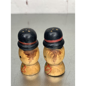 Vintage Wood Men Bowler Hat Salt & Pepper Shakers Mini