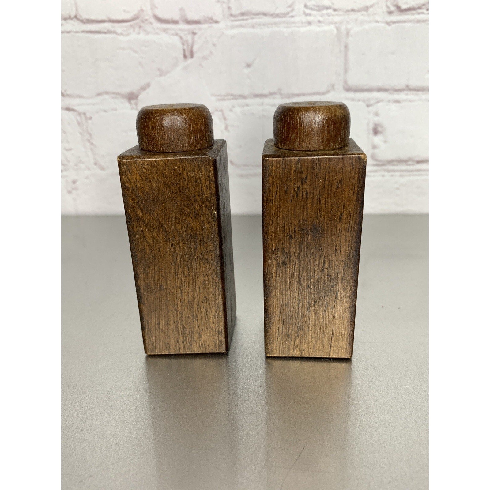 Vintage MCM Wood Salt & Pepper Shakers w/Stained Glass Style Emblem
