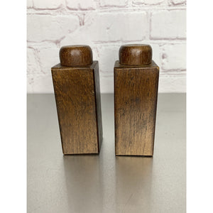 Vintage MCM Wood Salt & Pepper Shakers w/Stained Glass Style Emblem