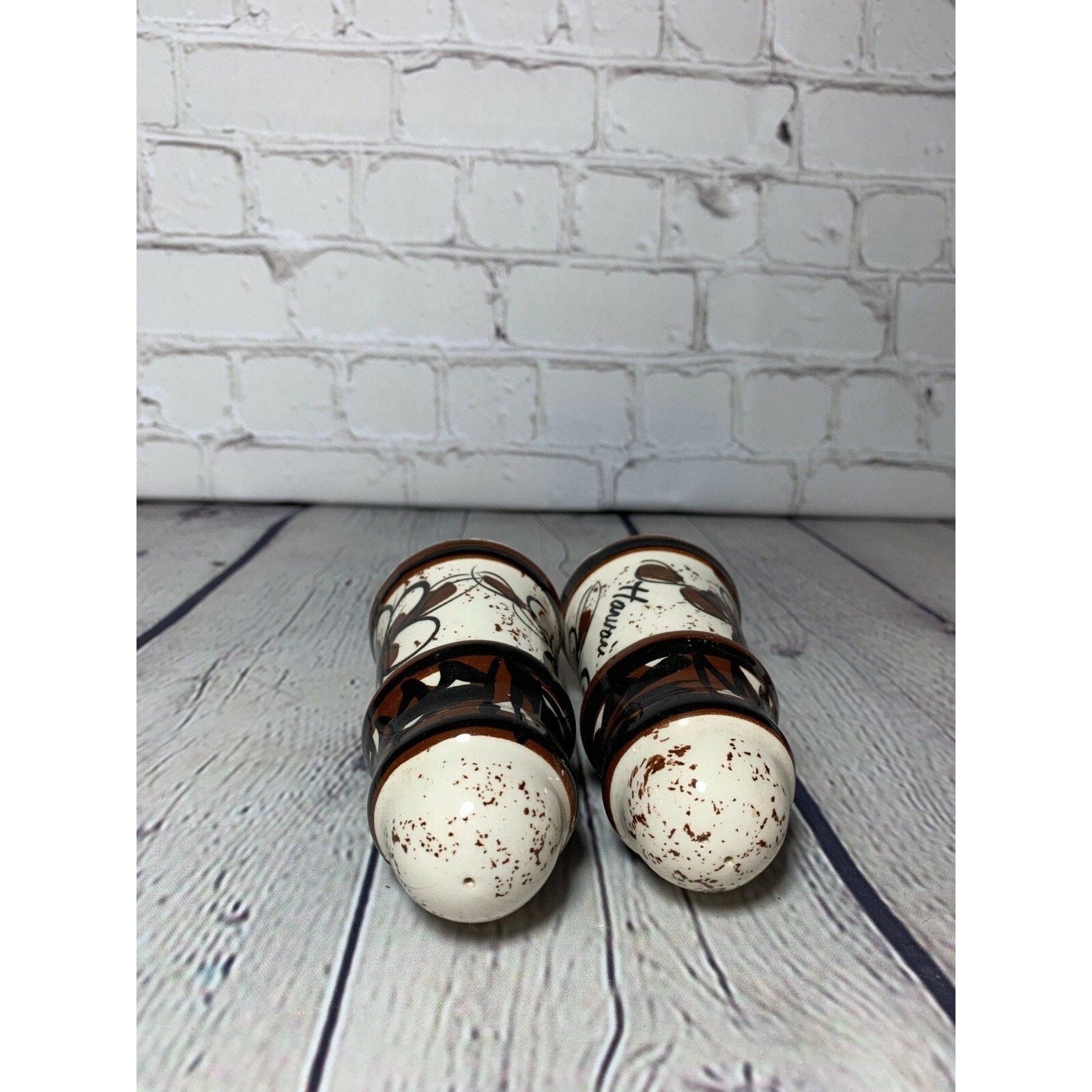 Vintage MCM Brown on White Pattern Ceramic Glazed Salt & Pepper Shakers