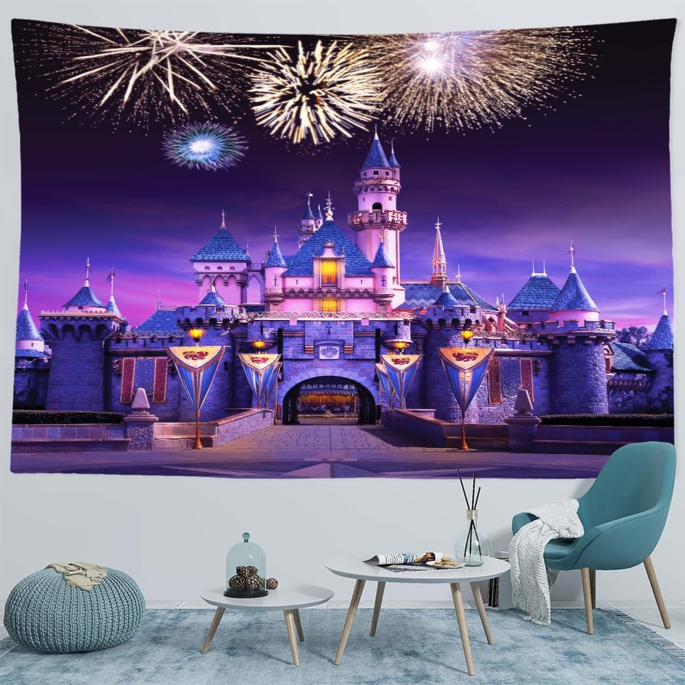Castle Tapestry Wall Hanging, Fairytale Wall Decor for Princess Kids Girls Room, Birthday Party Backdrop 59"x51"