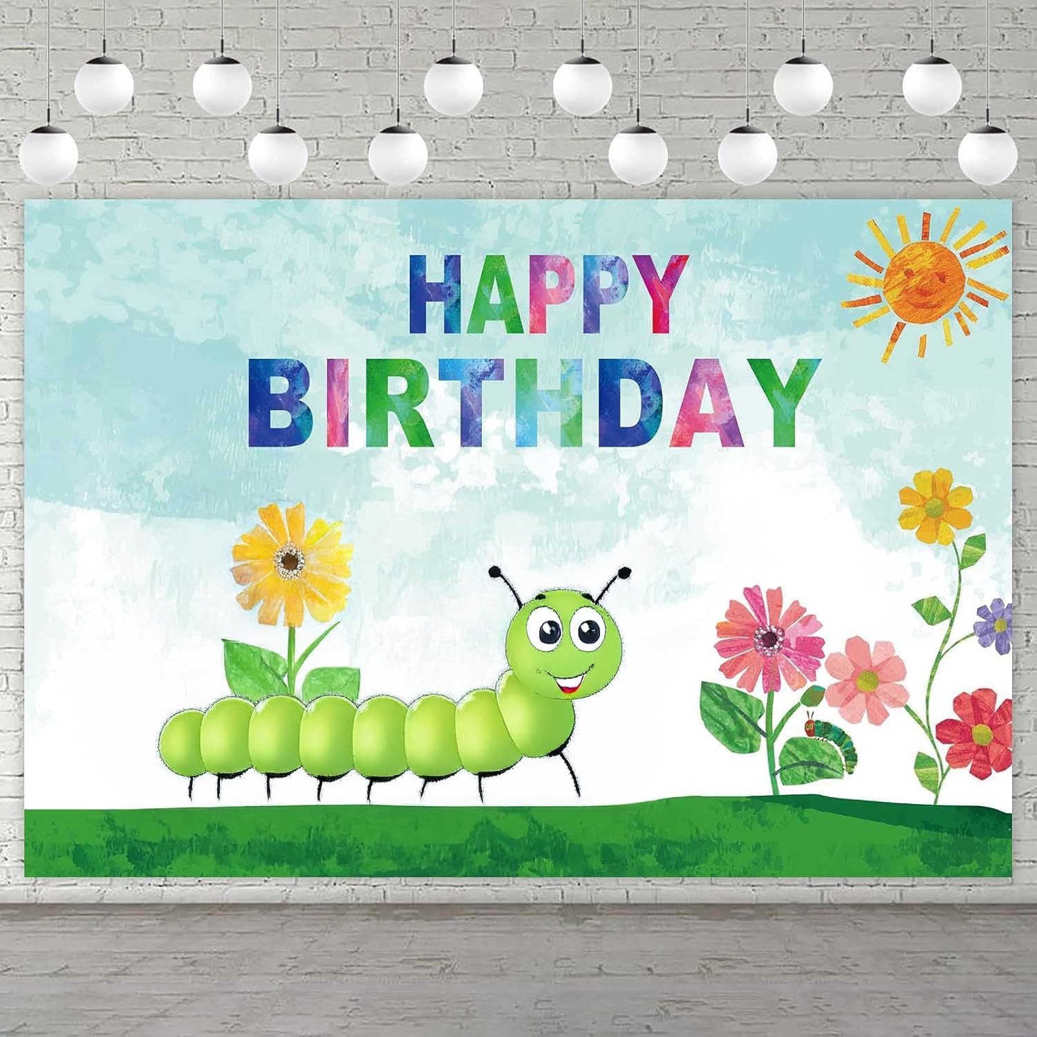 Little Green Caterpillar Happy Birthday Banner Backdrop Props Background