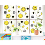 Smile Face Window Clings Black Yellow Lightning Star Checkered Dot Window Stickers Double-Side Glass Decals