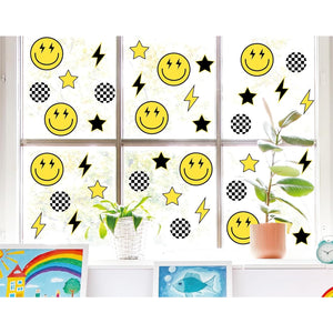 Smile Face Window Clings Black Yellow Lightning Star Checkered Dot Window Stickers Double-Side Glass Decals